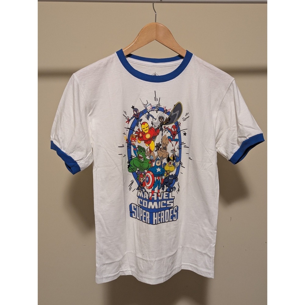 Marvel Comic Super Heroes T-Shirt Youth Medium White/Blue Official Kids Tee NWOT